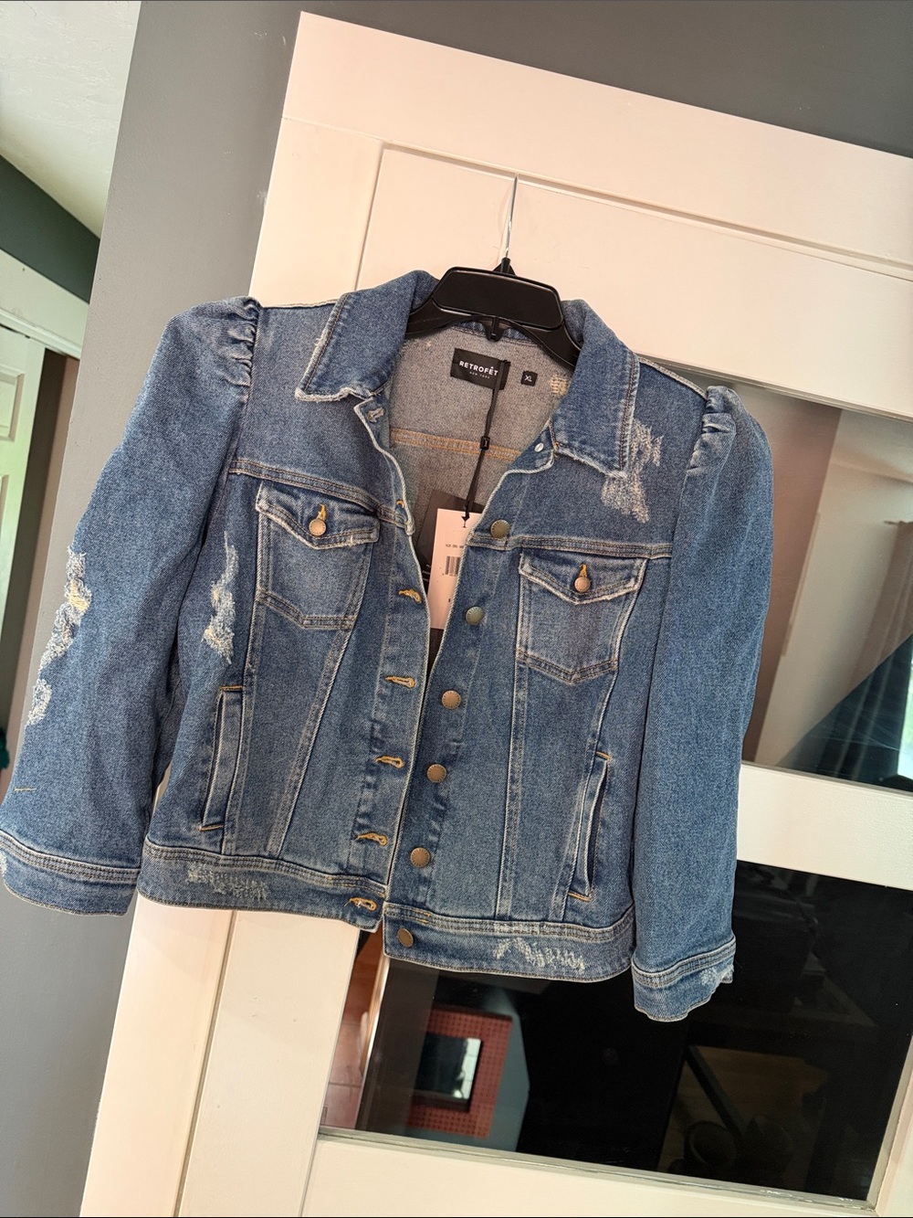 Retrofete Blue Distressed Puff Sleeve Denim Jacket